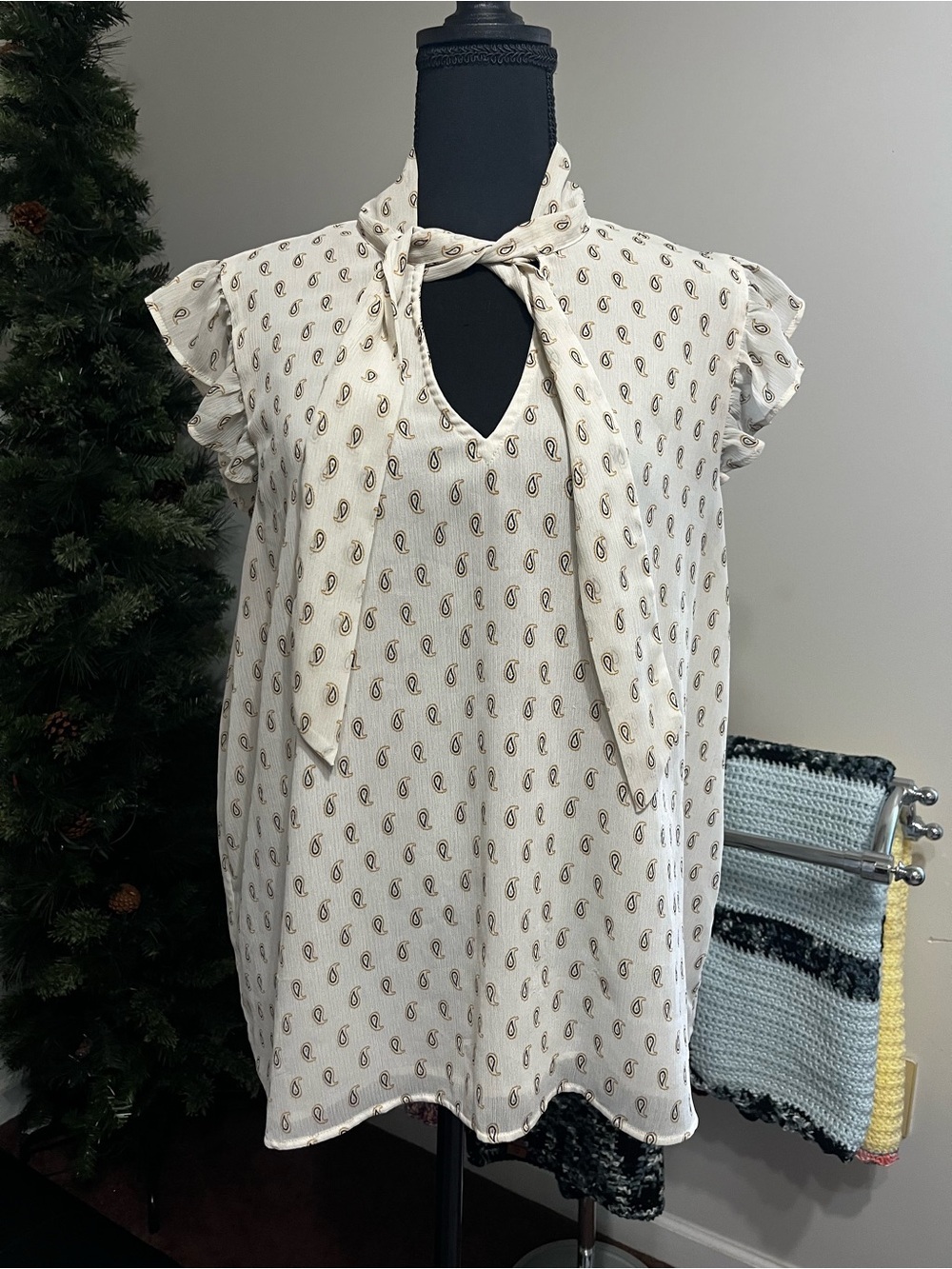 Ann Taylor Cream Paisley Tie-Neck Blouse